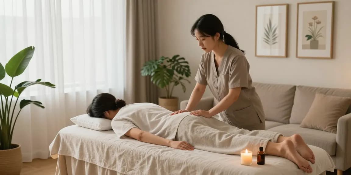 Relaxing 양천구출장마사지 session in a calming home setting with ambient lighting.