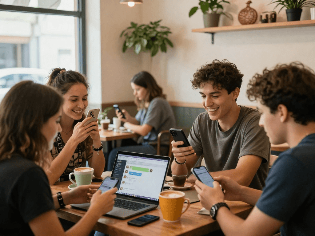 Friends engaging on spicychat in a cozy coffee shop with colorful mugs.