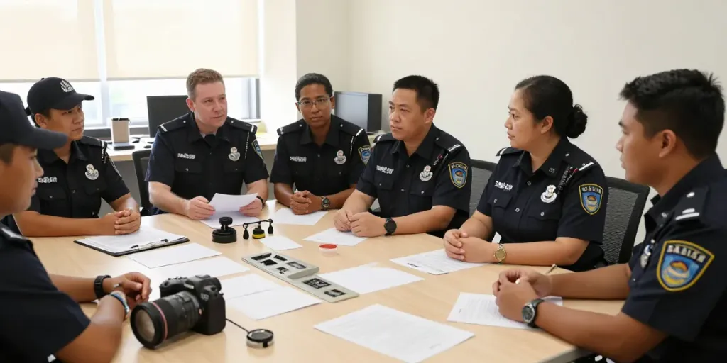 Private Security team meeting in office, showcasing licensed professionals providing community service.