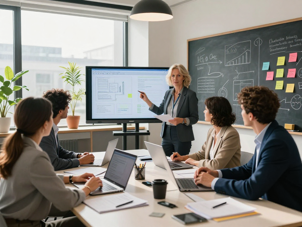 Business owners collaborating in a modern meeting space, showcasing teamwork and innovation.