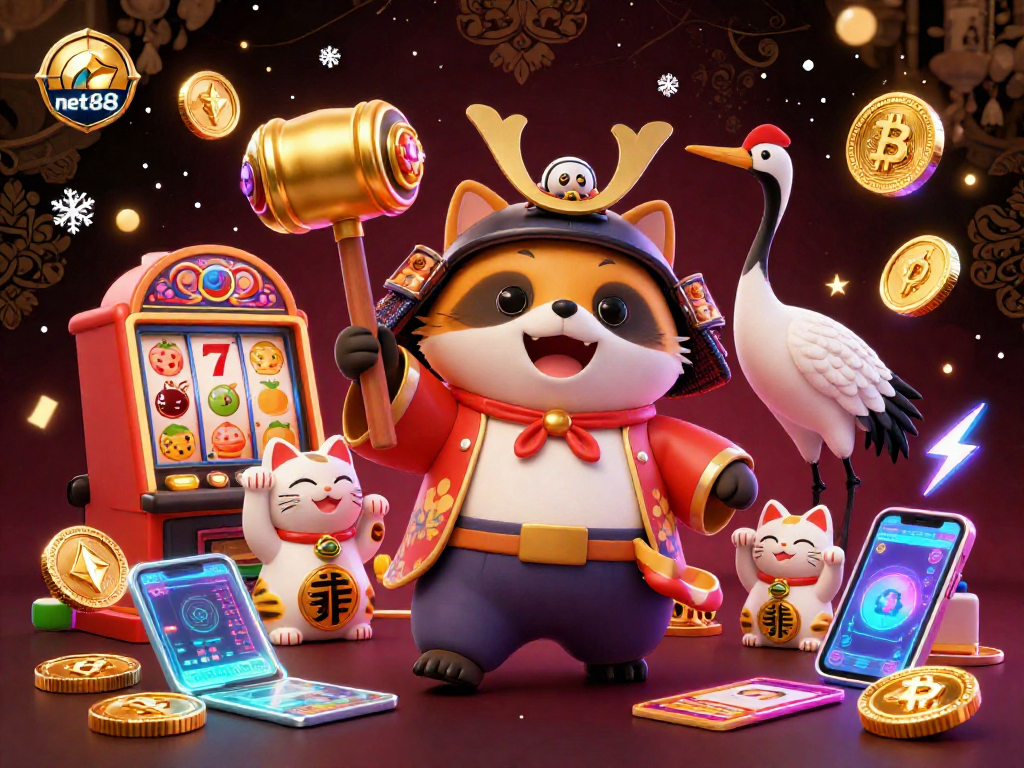 Engage with the vibrant net88 casino, featuring lucky tanuki and colorful slot elements.