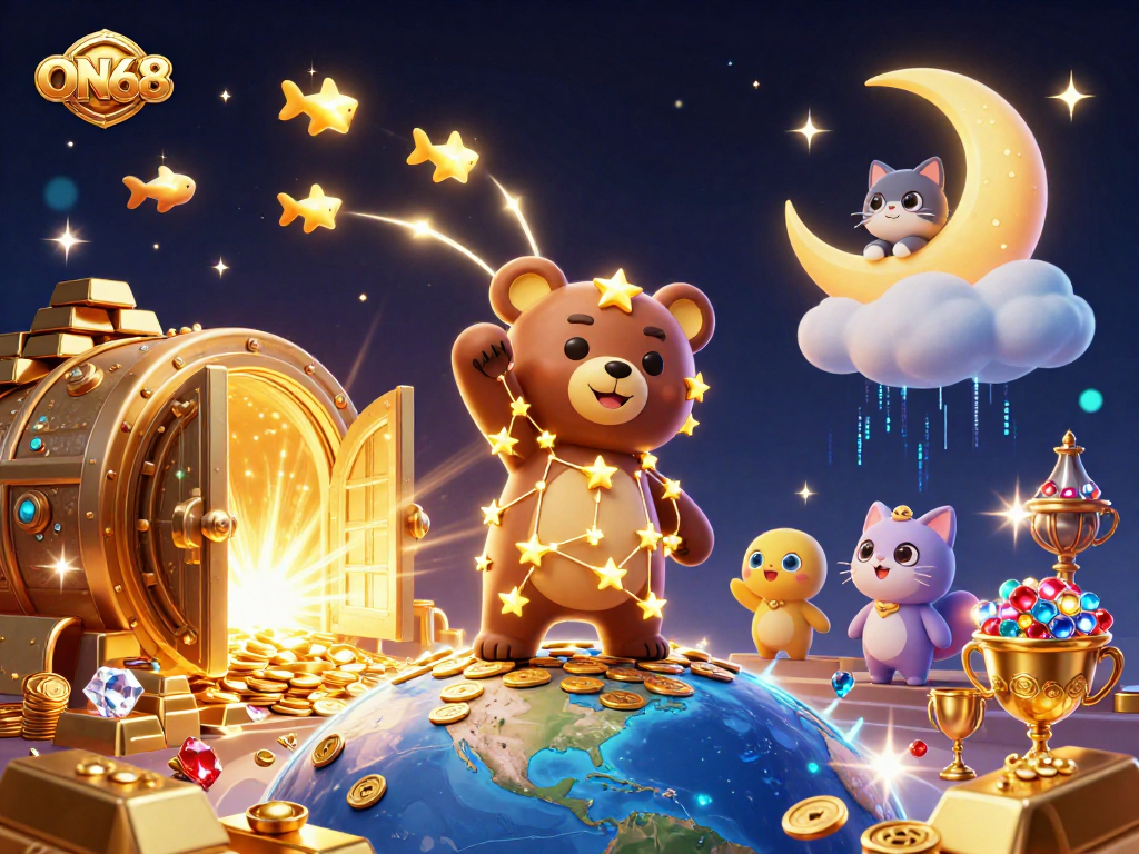 Experience thrilling wins at ON68 with dazzling treasure in a vibrant 3D casino scene.