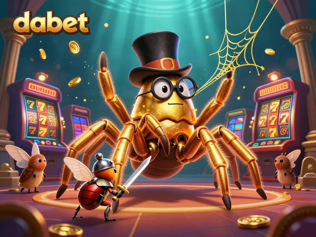 Dabet brings excitement as the golden tarantula weaves casino magic amidst spinning reels and vibrant coins.