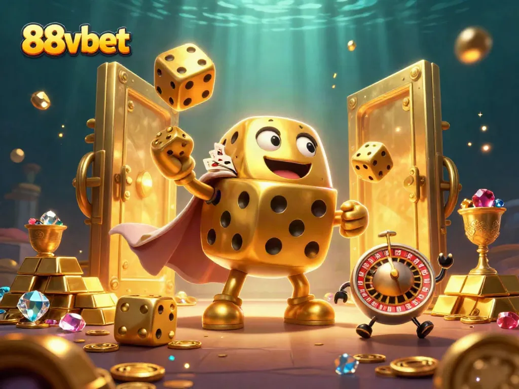 Experience the excitement of 88vbet with a lively casino scene featuring golden dice and glittering treasures.