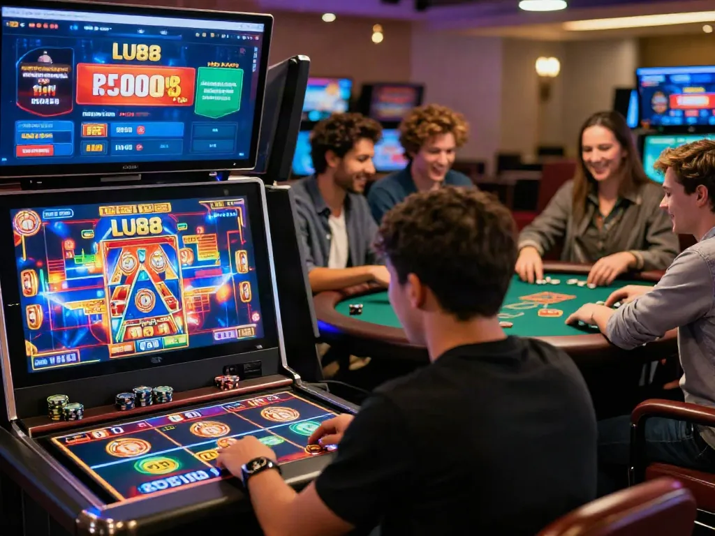 LU88 online casino scene showcasing diverse players enjoying slots and poker in a vibrant atmosphere.