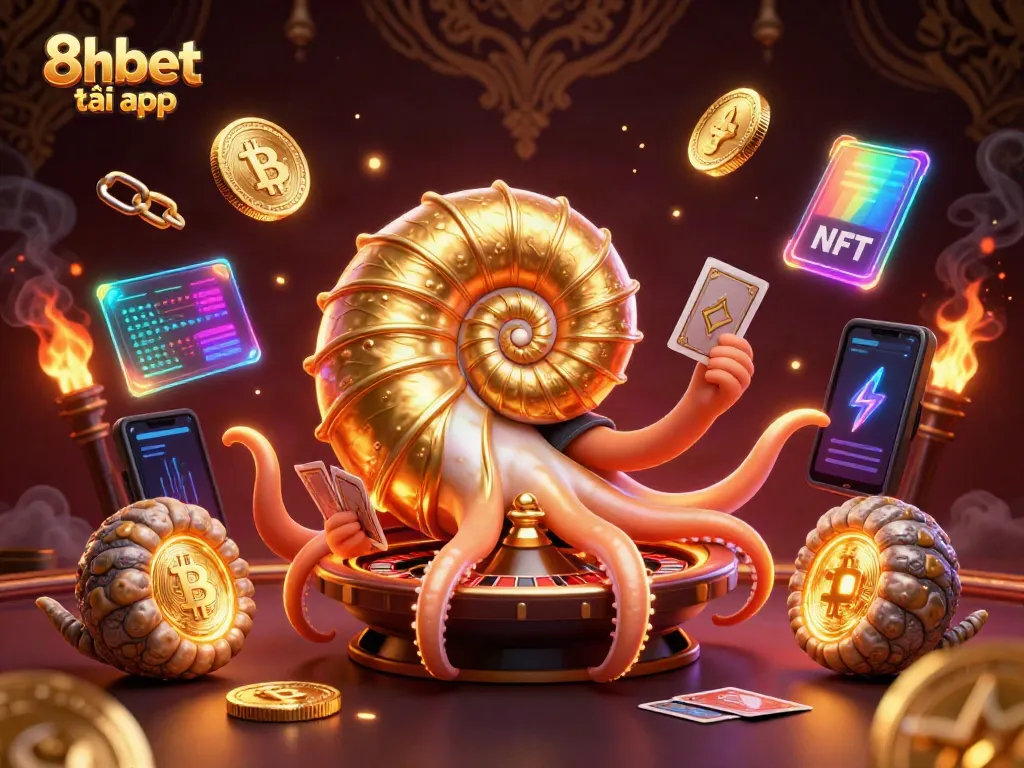 Experience the thrill of 8xbet tải app with a vibrant 3D illustration of a golden nautilus and glowing ammonite companions.