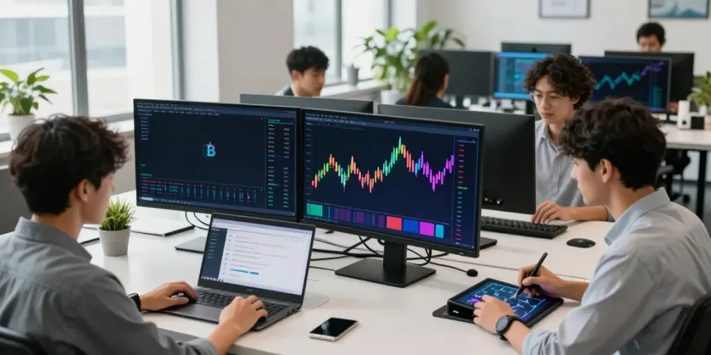 CryptoDenisNFT official channel viewers analyzing charts and DeFi platforms in a modern office setting with screens displaying cryptocurrency.