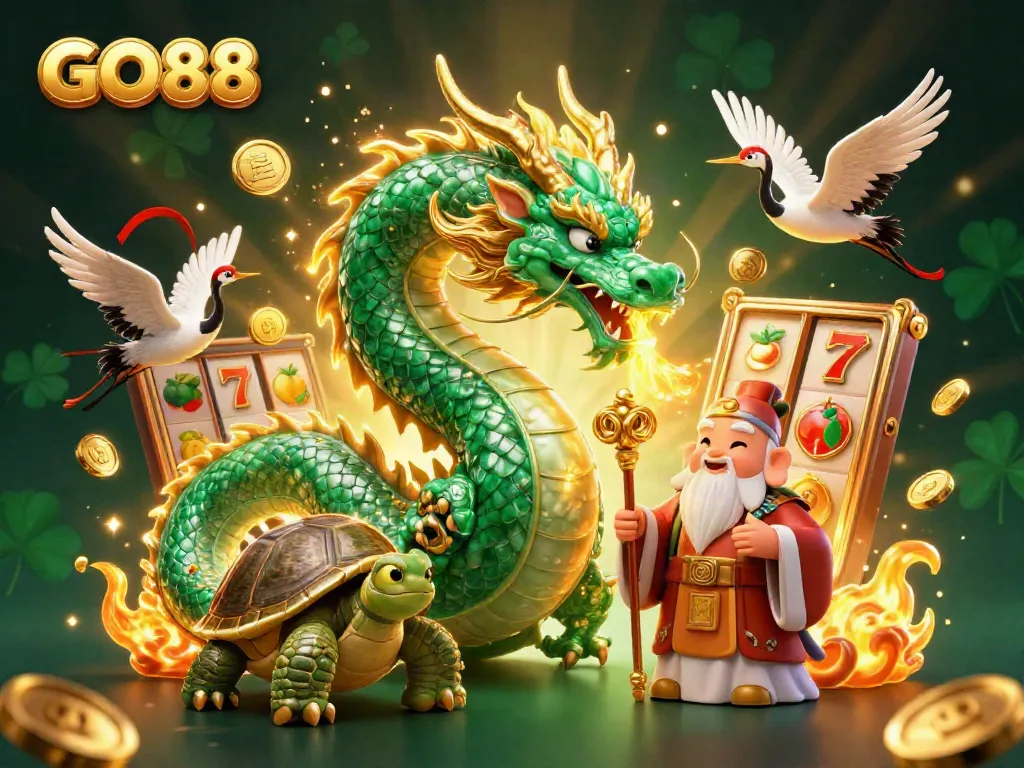 Experience the excitement of GO88 with a vibrant 3D illustration of a jade dragon, turtle sage, and lucky cranes in an animated casino scene.