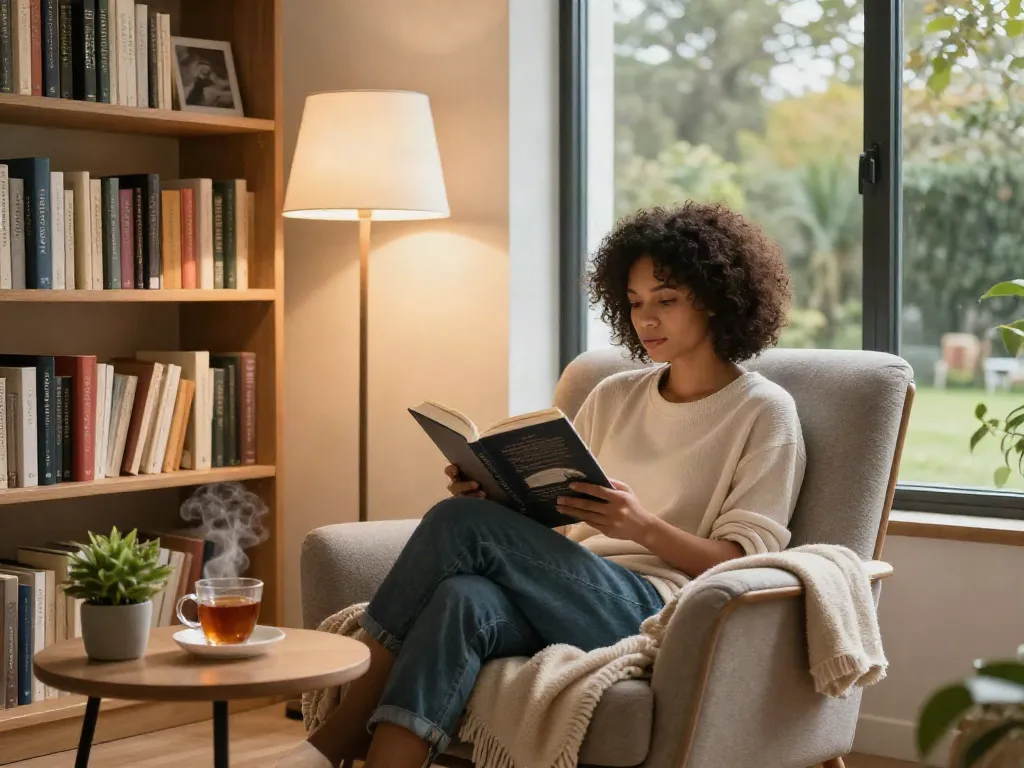 Individual enjoying a fantastic read in a cozy reading nook with tea.