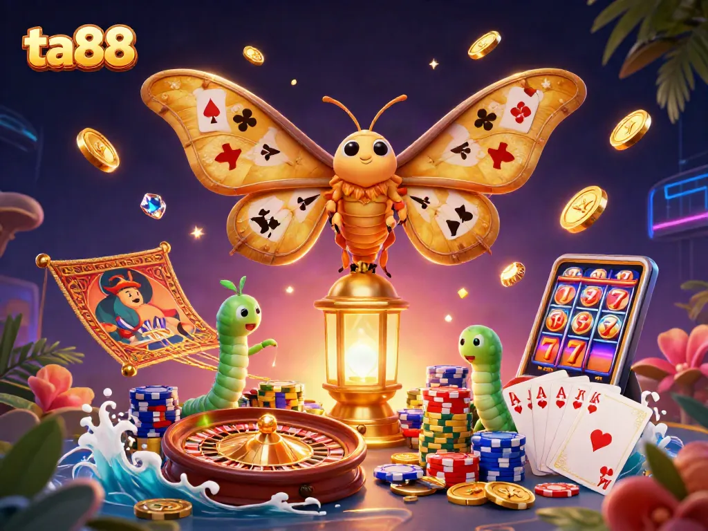 Engage with ta88 casino excitement through a vibrant illustration of a moth, treasures, and gameplay elements.