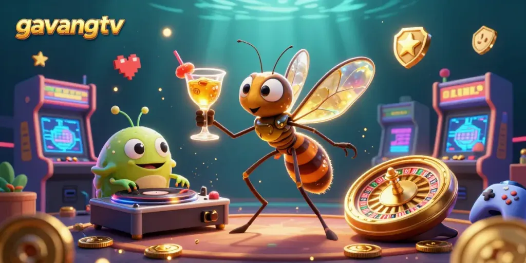 Engage with dynamic gaming elements featuring gavangtv in a vibrant casino scene with mascots and interactive games.