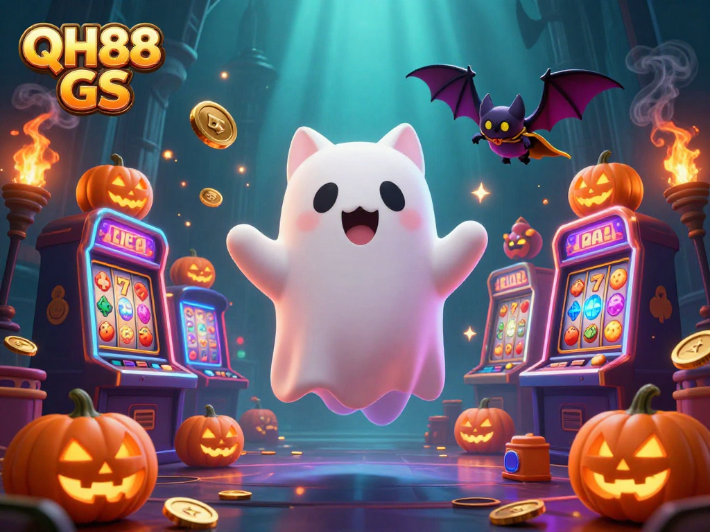 Experience the thrill of QH88 GS with a lively casino scene featuring animated characters and vibrant slot machines.