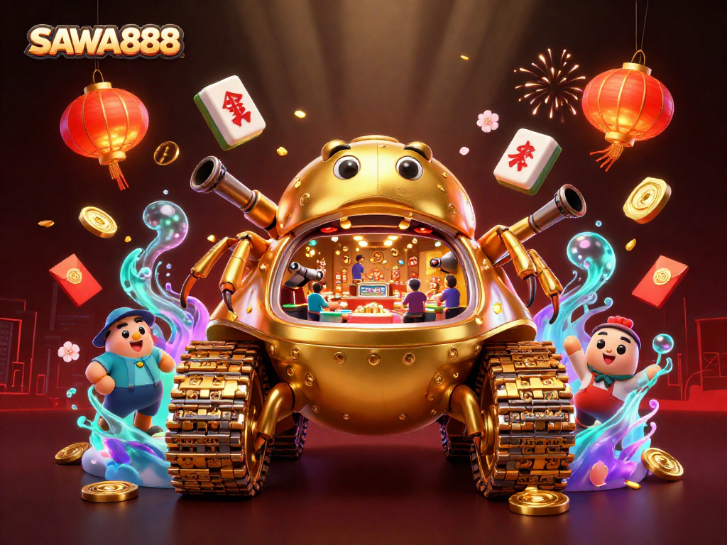Experience thrilling excitement with SAWA888, featuring dynamic casino elements and vibrant decorations.