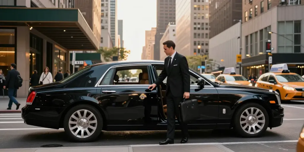 Exclusive chauffeur service in NYC, showcasing a professional opening a luxury sedan door for a client amidst the vibrant cityscape.