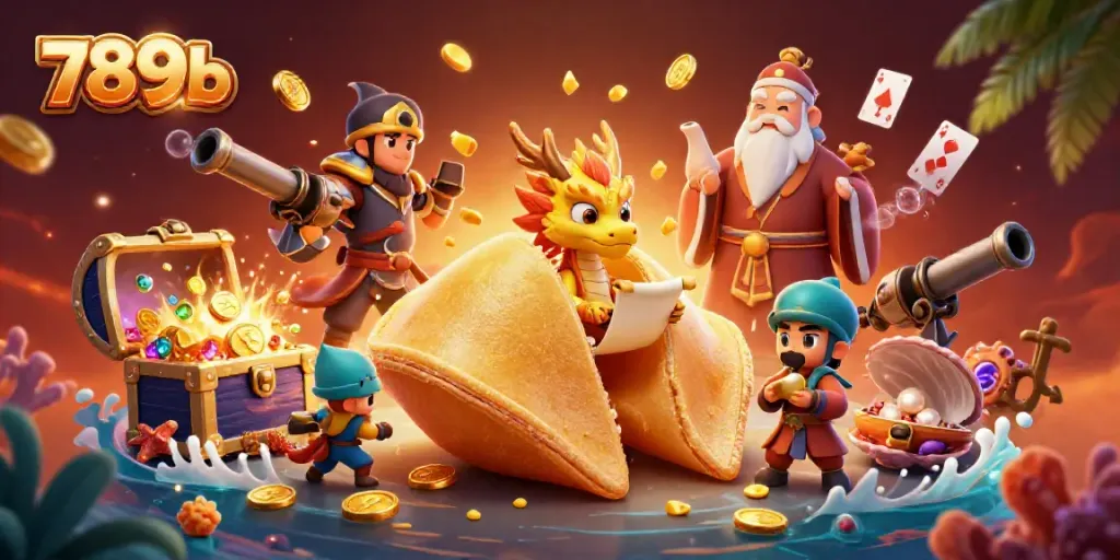 Win big at 789b with an enchanting fortune cookie scene filled with gold and gaming treasures.