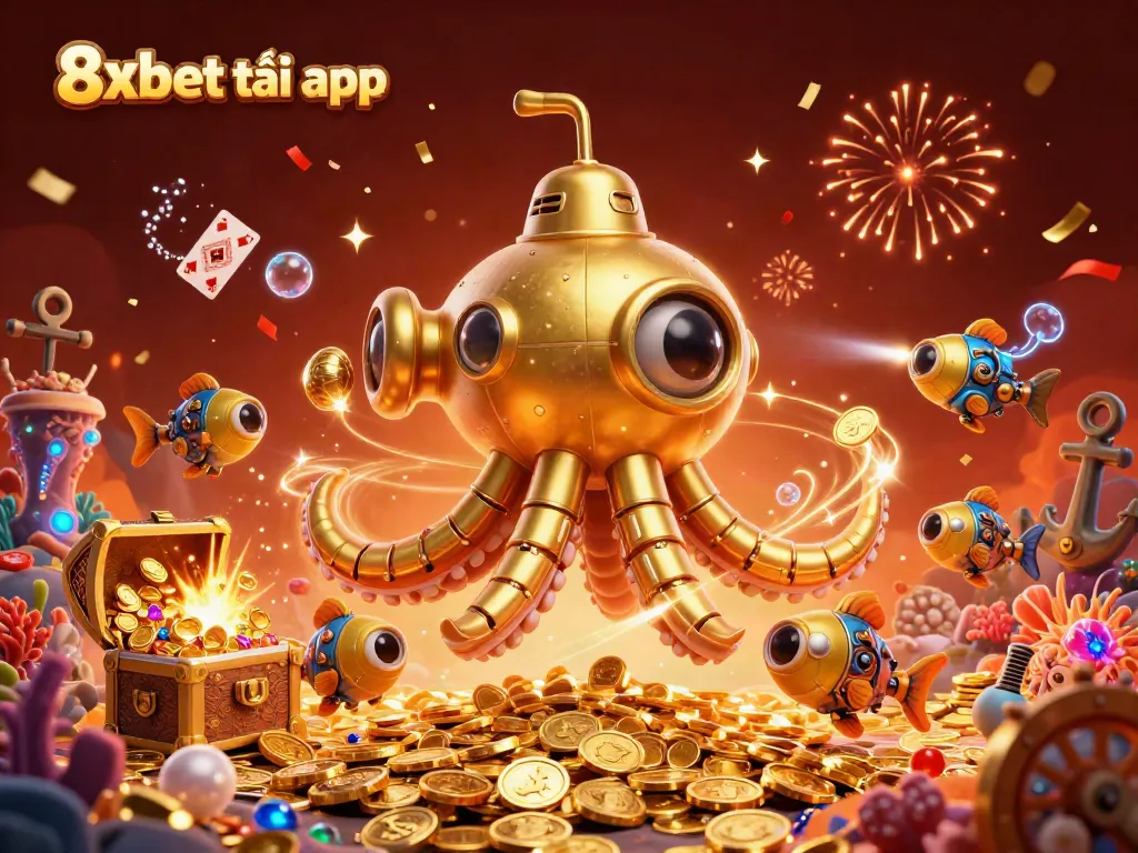 Engage with 8xbet tải app in an exciting underwater treasure adventure featuring a golden kraken submarine and colorful gems.