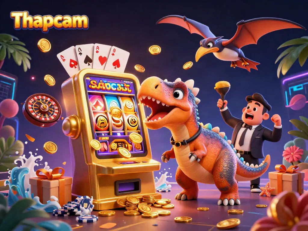 Thapcam features a dinosaur-themed jackpot scene with vibrant visuals and casino elements.