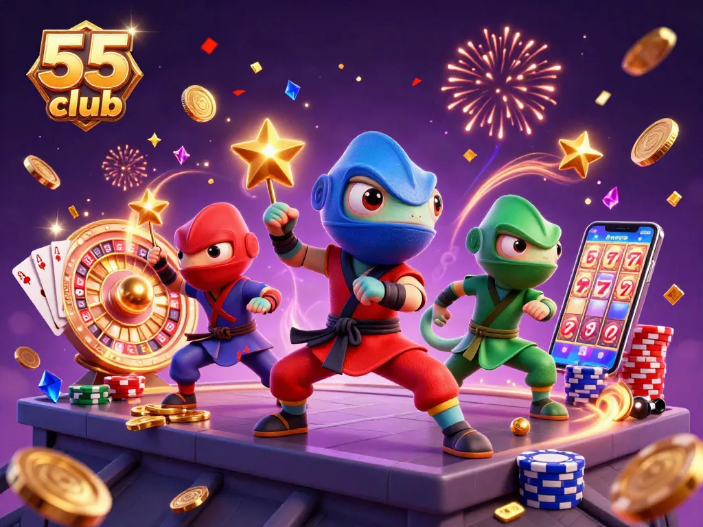 Experience the thrill of 55 club with vibrant characters and dynamic casino elements showcasing exciting gaming opportunities.