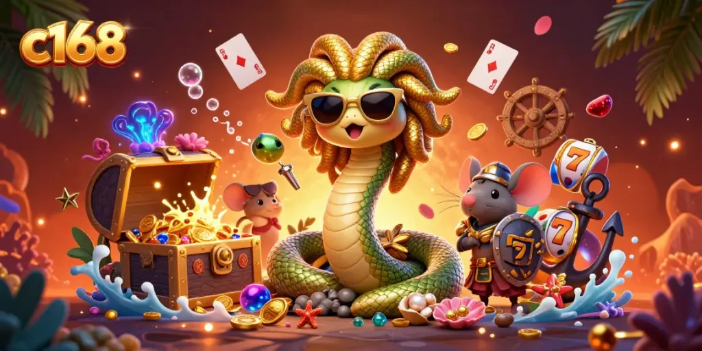 C168 themed casino scene with Medusa, a warrior mouse, and gambling elements like slot reels and treasure.