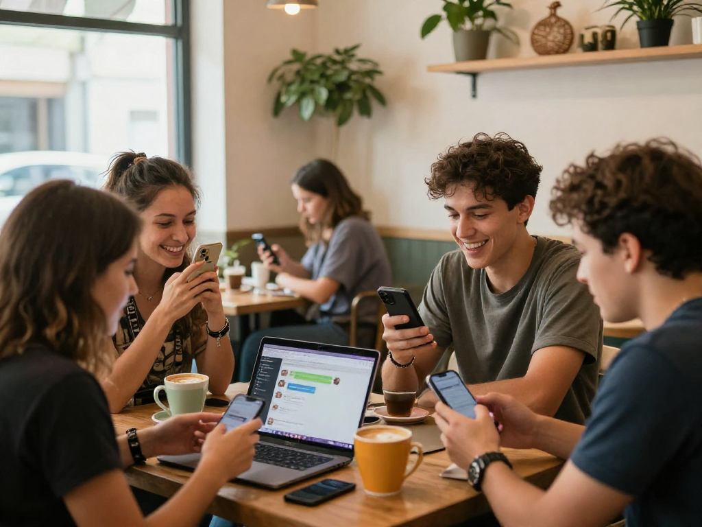 Friends engaging on spicychat in a cozy coffee shop with colorful mugs.