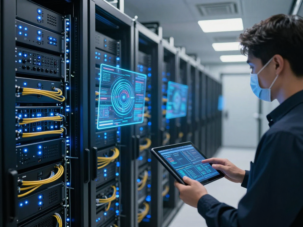 IPTV panel in a modern data centre with servers and advanced technology.