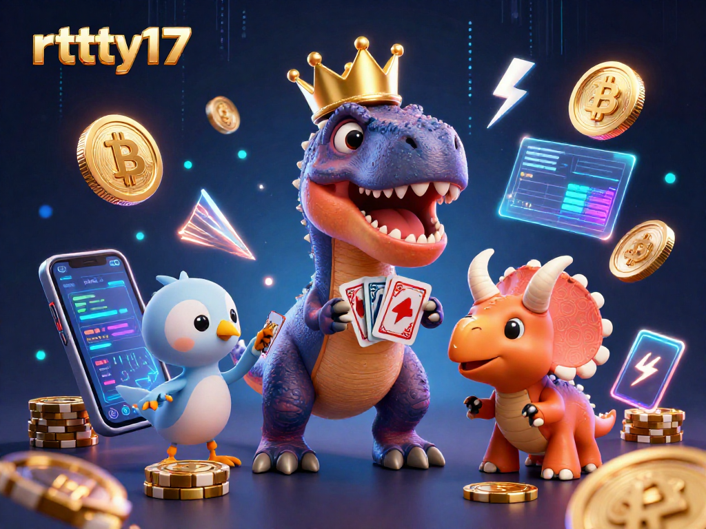 Experience the excitement of rttty17 with a playful T-Rex dealing cards and a captivating casino theme.