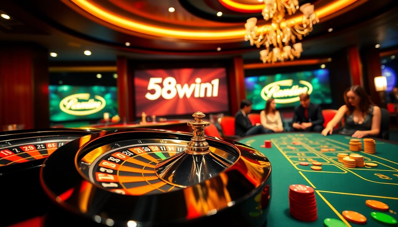 Players enjoying a thrilling game at a luxurious casino featuring 58win1, with colorful poker chips and roulette wheel.