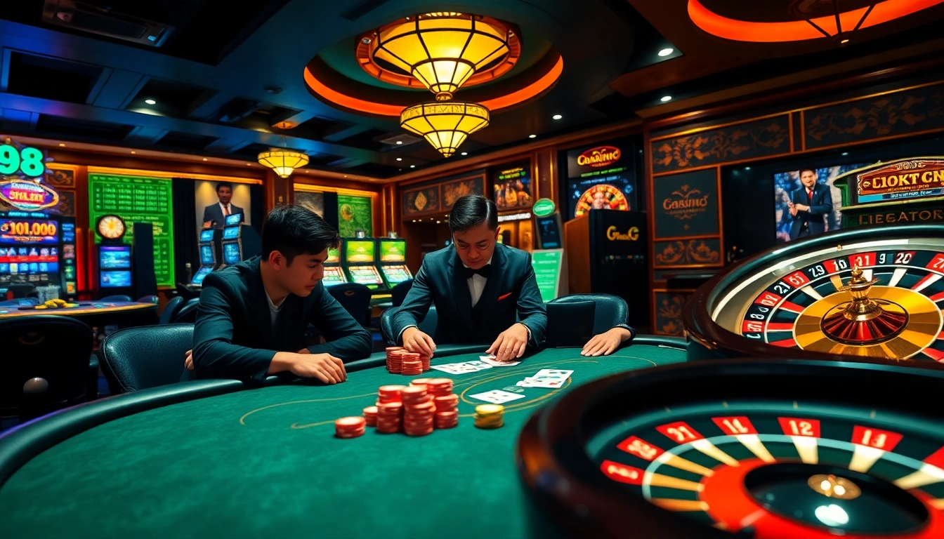 Strategically placed poker chips and cards in a luxury casino scene highlighting 98win98.