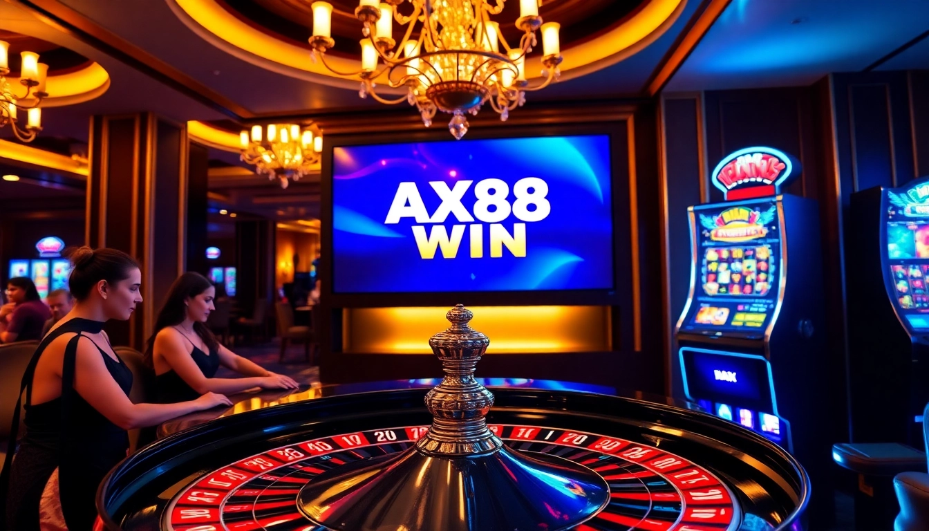 Experience the thrill of AX88 WIN at a lively casino with roulette and slot machines.