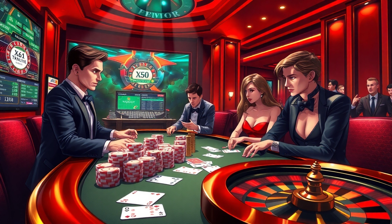 Xoilac users enjoying an exciting poker game in a luxurious casino atmosphere.
