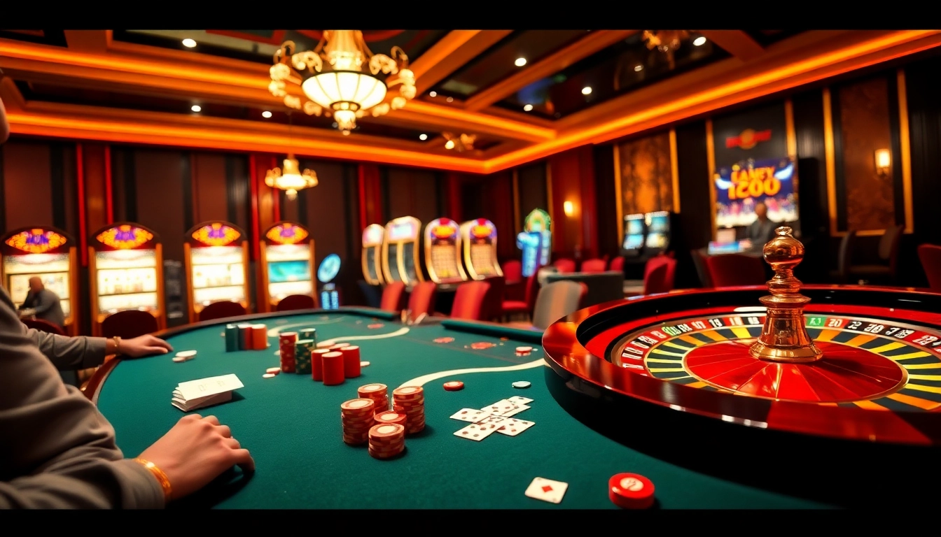 Experience the thrill of gaming at TG88 .COM with a vibrant casino scene filled with poker tables and roulette wheels.