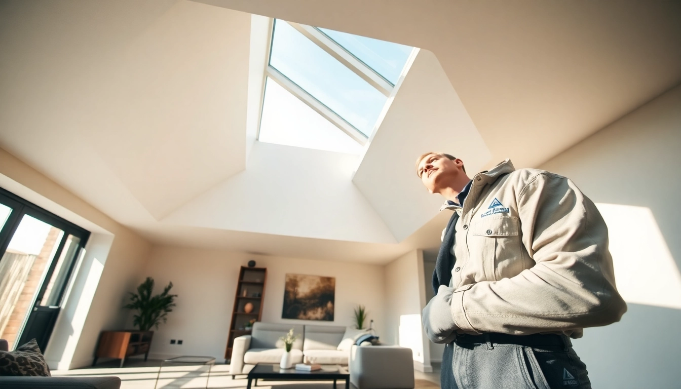 Professional technician performing Velux repairs on a skylight in a modern living space.