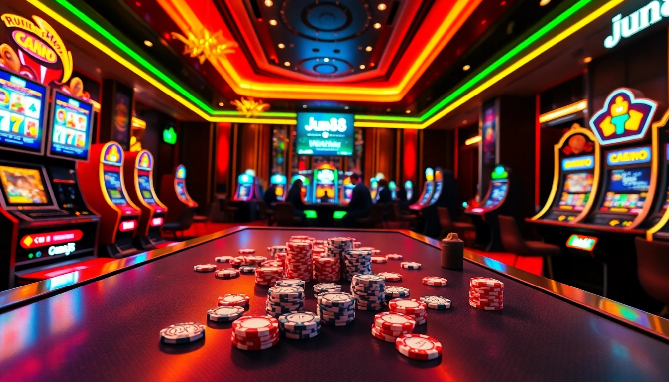 Engage with link vào jun88 in a luxurious online gambling environment featuring casino tables and vibrant slots.