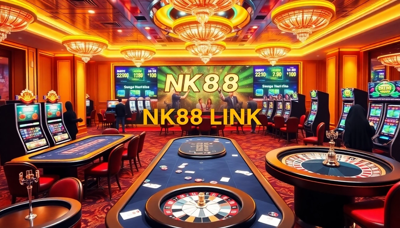 Players engaging with NK88 LINK at vibrant casino tables showcasing dynamic gaming action.