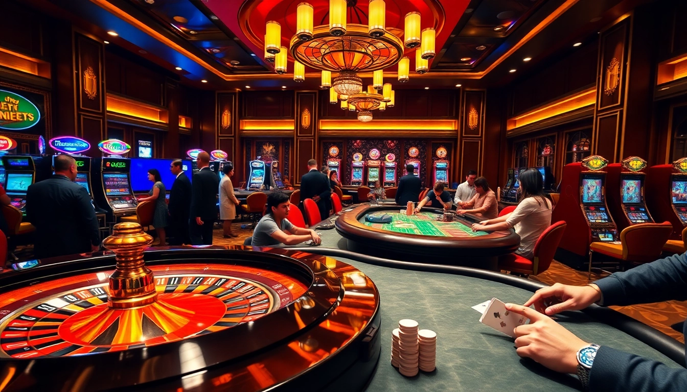 Players enjoying a vibrant casino scene at https://bem88.com with roulette, poker, and slot machines.