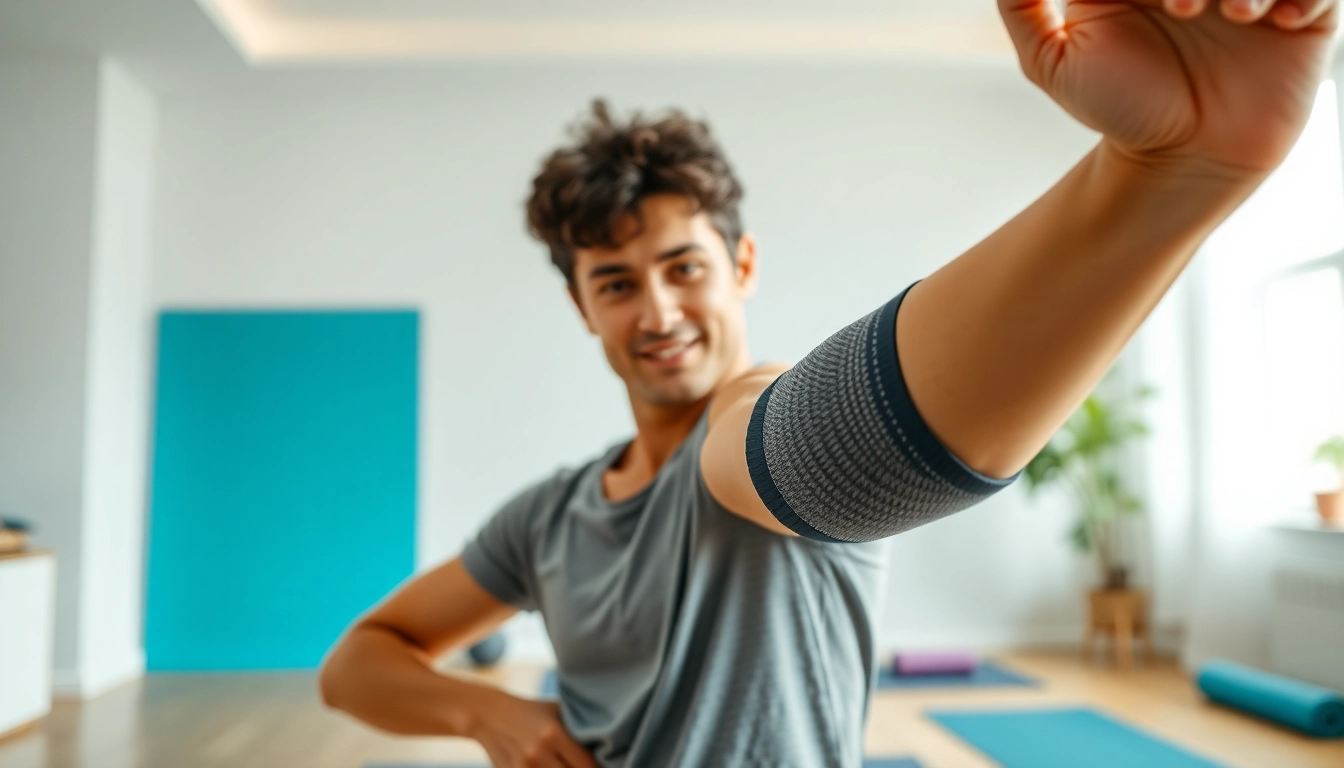 Best elbow compression sleeve for bursitis worn by an active individual during rehabilitation exercises.