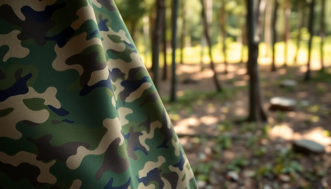 Bekijk goedkope camouflage print stof met unieke patronen in een natuurlijke omgeving.