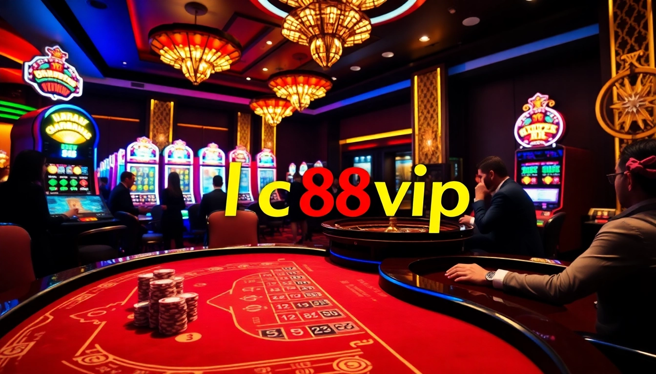 LC88VIP players enjoy exciting games at a luxurious casino with vibrant gaming tables and slots.