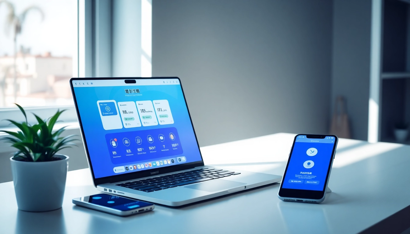 快连下载应用界面显示在现代家庭办公室的一台时尚笔记本电脑上，营造专业且科技感十足的氛围。