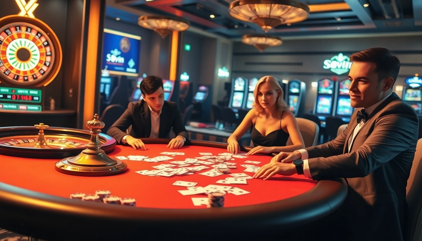 A vibrant and luxurious casino scene with players engaged in poker, featuring 58vin themed elements.