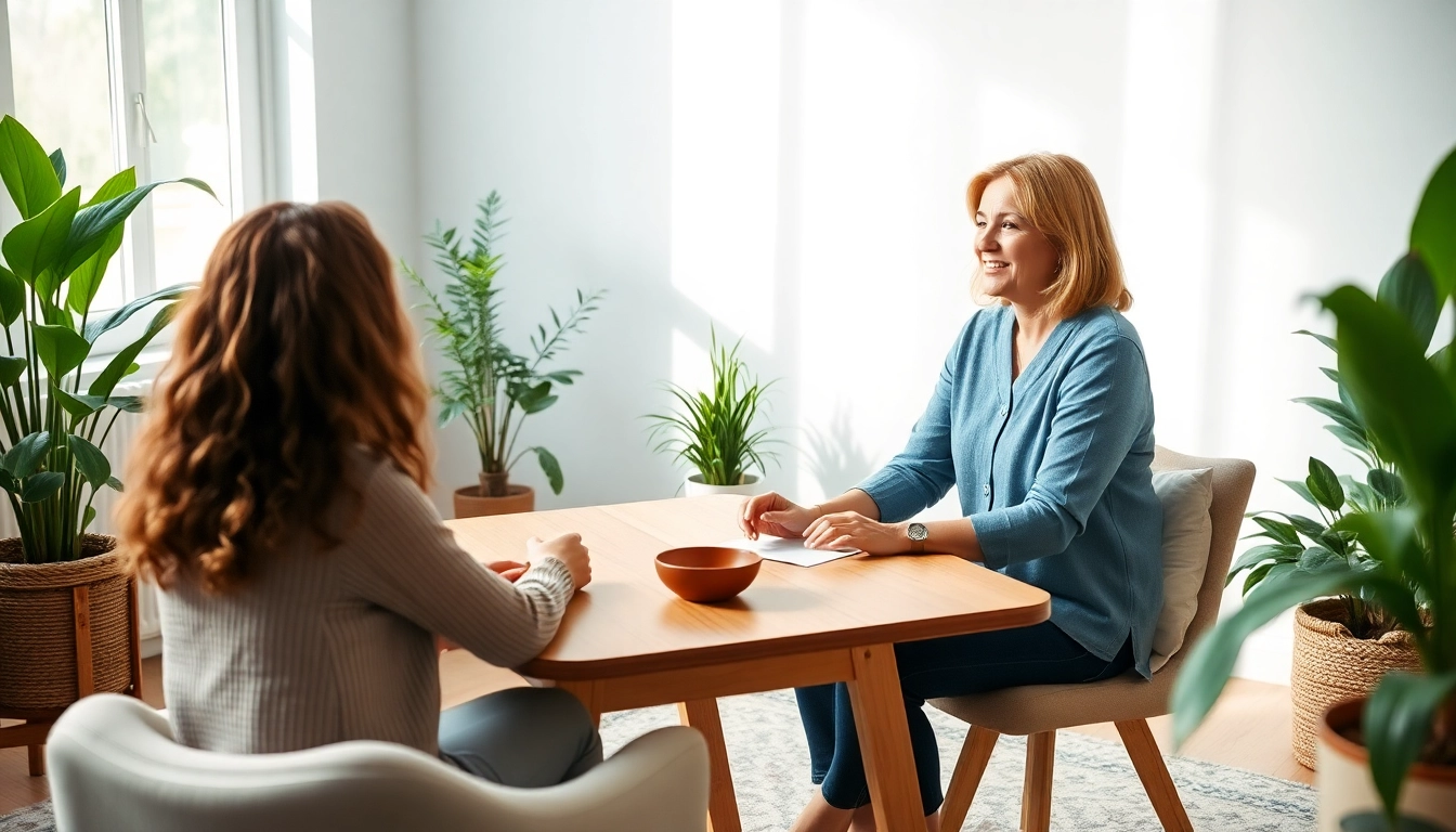 Mental wellness session between therapist and client in a calming environment.