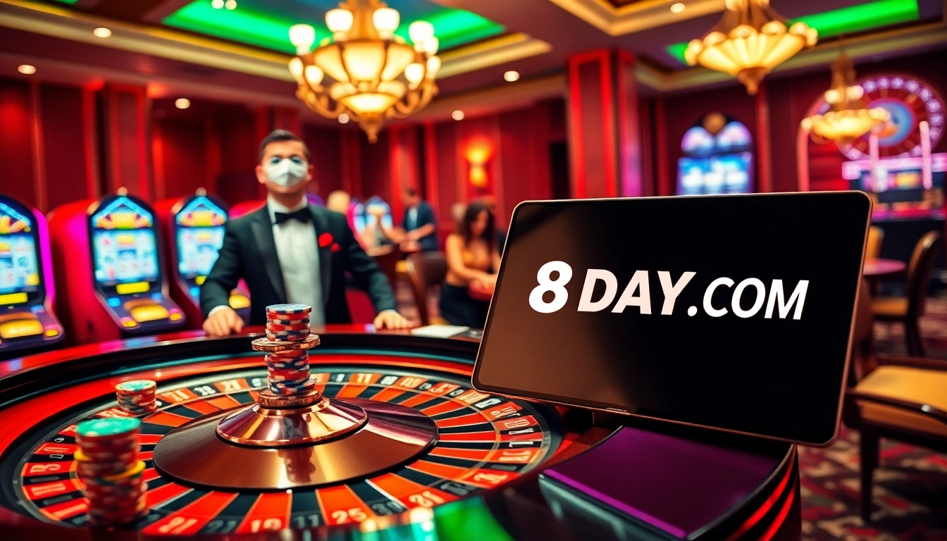 Experience thrilling gameplay at 8DAY.COM with vibrant casino tables and exciting slot machines.