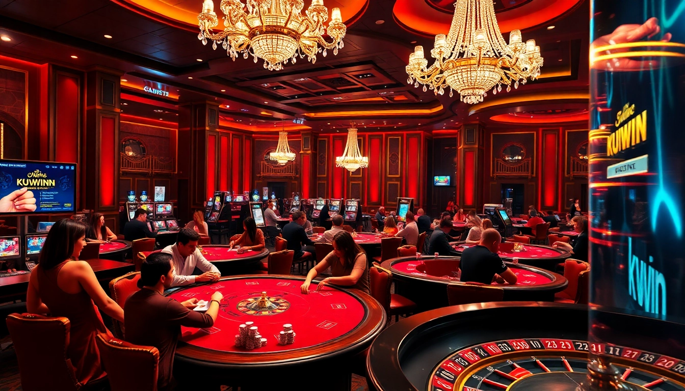 Kuwin789 players engaged in an exciting blackjack game surrounded by luxury casino elements.