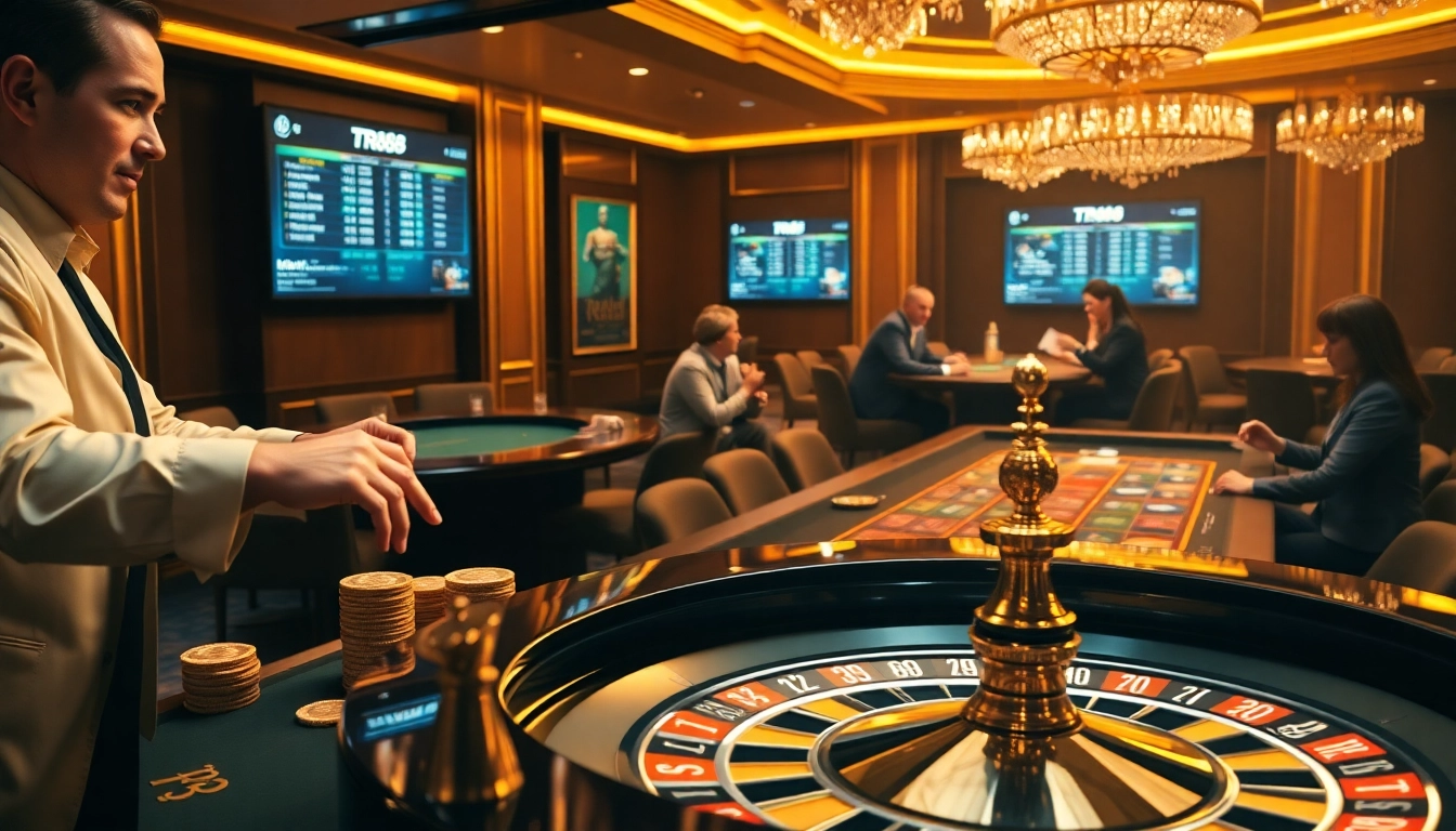 Experience the thrill of TR88 at a luxurious casino featuring roulette and poker tables.