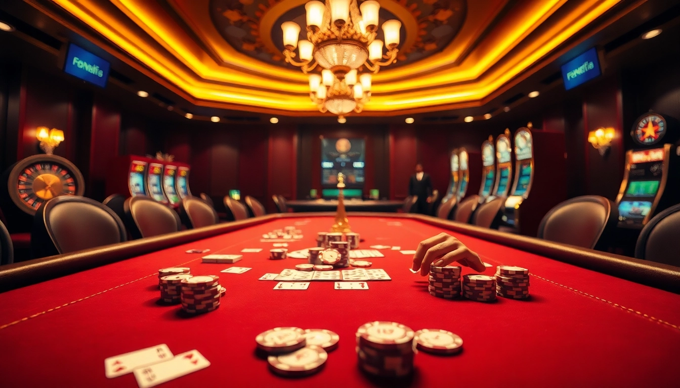 View an exciting poker game at https://luongsontv5.com/, showcasing vibrant chips and an elegant casino atmosphere.