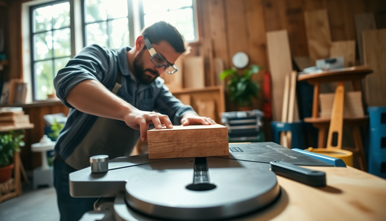 Expert carpenter using a table mitre saw in a well-lit workshop for precise wood cuts.