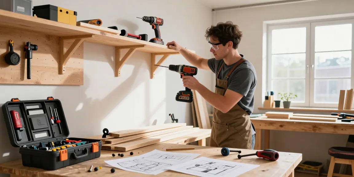 Using a stanley drill to secure shelves in a well-equipped workshop.