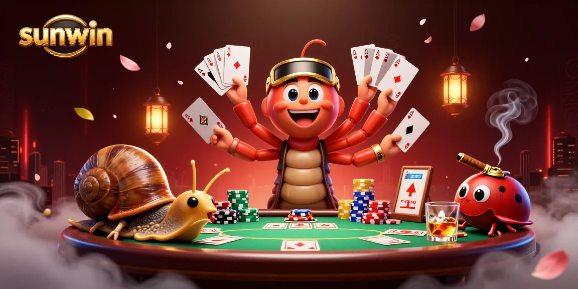 Experience the excitement at Sunwin with a vibrant 3D scene showcasing a millipede dealer and high-rollers at a poker table.