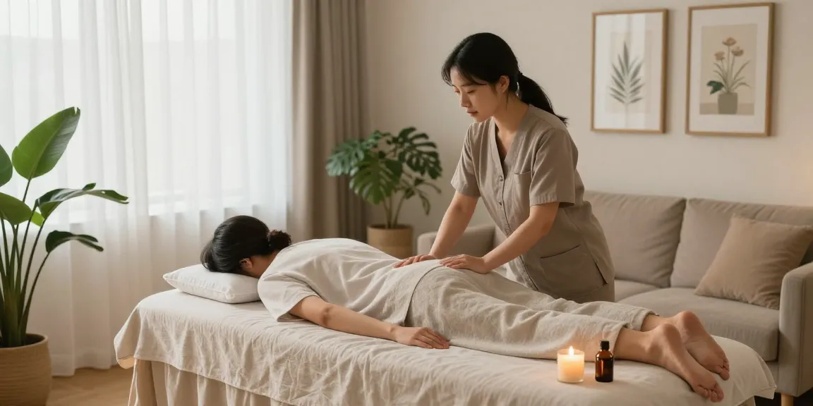 Relaxing 양천구출장마사지 session in a calming home setting with ambient lighting.