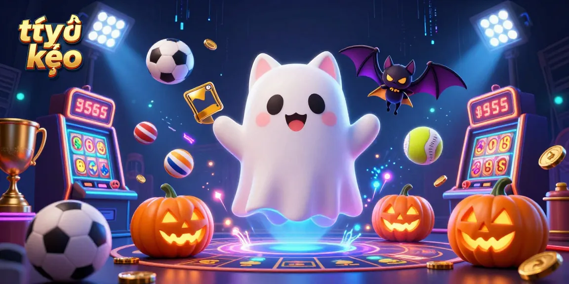 Engage in vibrant sports betting with tỷ lệ kèo, featuring dynamic sports elements and ghostly characters.